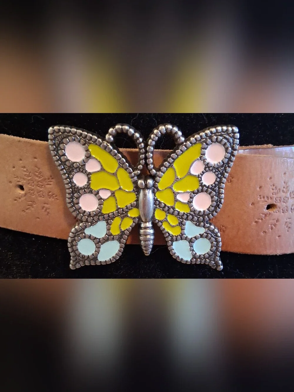 EUC Vintage Y2K Fossil Tan Tooled Leather Mosaic Butterfly Boho Belt SZ M